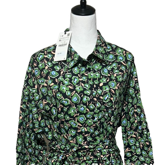 Zara Shirt Dress XL Knee Length Green Floral Gia Button Up Belted NWT - Picture 1 of 13